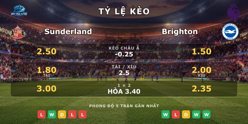Tỷ lệ kèo Sunderland vs Brighton